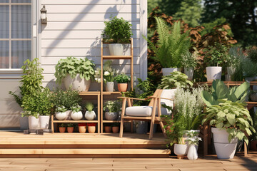 Fototapeta na wymiar A calming minimalist outdoor gardening area, with clean-lined planters, essential gardening tools, and potted greenery