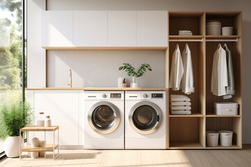 A clutter-free minimalist laundry room, with simple and efficient storage solutions and a sleek washer and dryer