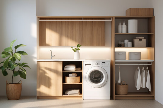 A clutter-free minimalist laundry room, with simple and efficient storage solutions and a sleek washer and dryer