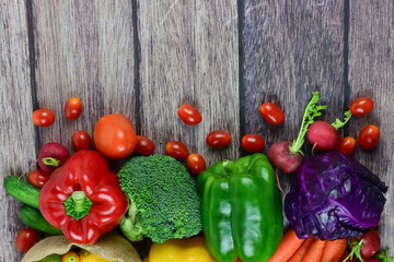 Healthy food background, healthy vegetarian food in paper bags, fruits and vegetables, banner copy...