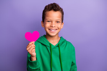 Photo of funky charming little boy dressed green hoodie rising pink paper heart isolated purple...