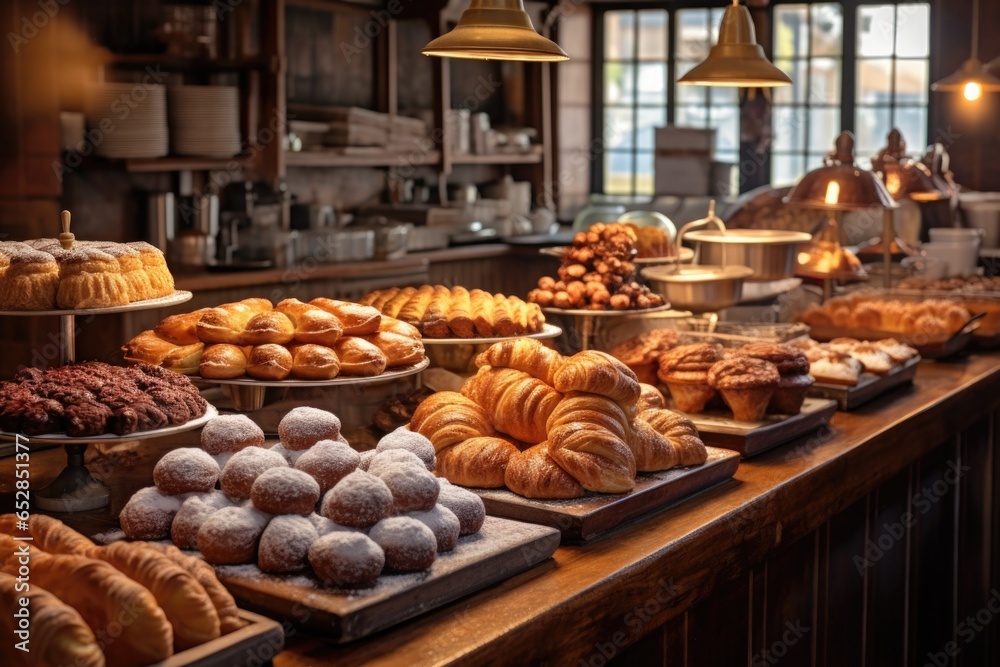 Wall mural counter with freshly baked pastries in a bakery