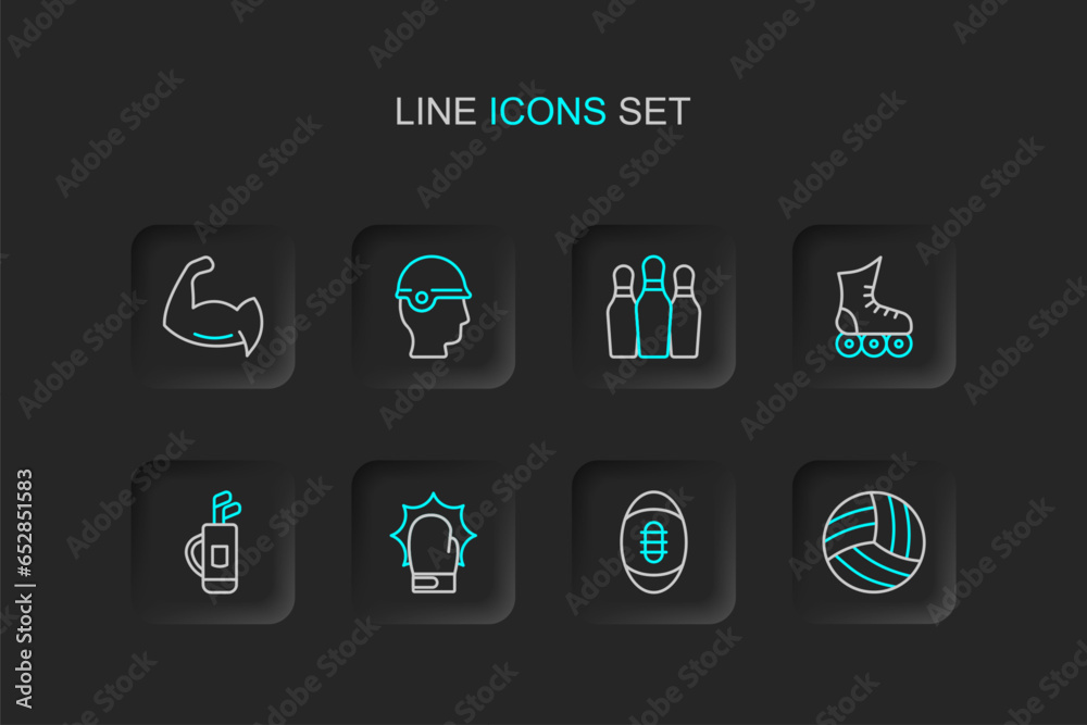 Wall mural Set line Volleyball ball, American Football, Punch in boxing gloves, Golf bag with clubs, Roller skate, Bowling pin, Baseball helmet and Bodybuilder showing his muscles icon. Vector