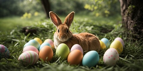 Rabbit and Easter eggs in green grass Easter cute bunny in garden, Single sedate furry satin angora rabbit sitting on green grass with easter eggs - obrazy, fototapety, plakaty
