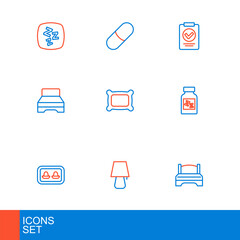 Set line Big bed, Table lamp, Earplugs with storage box, Sleeping pill, Pillow, Medical prescription and icon. Vector