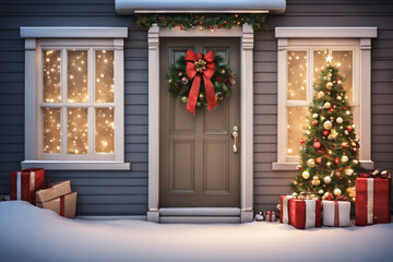 Fototapeta na wymiar Front door with beautiful Christmas decor. Generative Ai