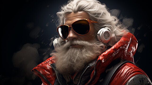 Papai noel moderno, close up em seu rosto, usando oculos escuro e estiloso. Christmas, santa, gift, claus, holiday, xmas, box, santa claus, hat, celebration, winter, toy, december, red, fun, gifts.