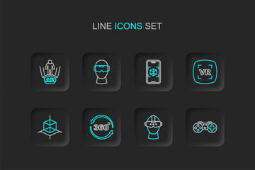 Set line Gamepad, Virtual reality glasses, 360 degree view, 3d modeling, and Augmented AR icon. Vector
