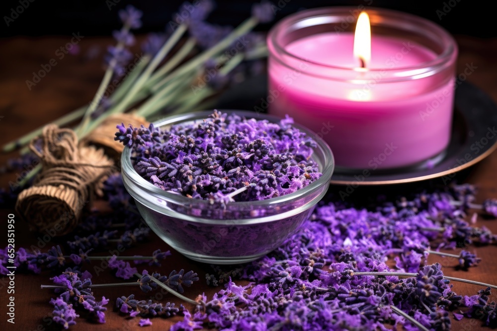 Sticker bowl of lavender buds next to a purple candle