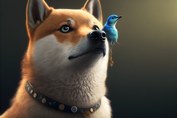 doge with a blue bird on the shoulder pixar style  - obrazy, fototapety, plakaty