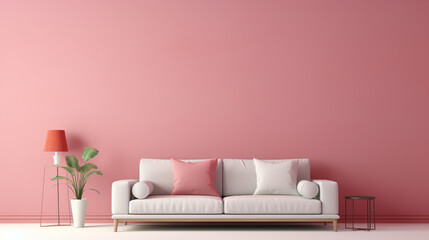 Modern living room with sofa in pink background