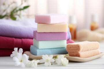 Obraz na płótnie Canvas scented soap bars beside stack of bath towels