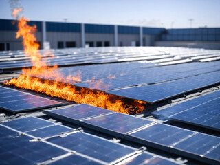 Fire of a house roof with photovoltaic modules, insurance, generative ai