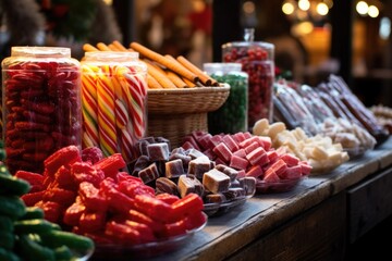 candy canes, licorice, and other sweets at a christmas candy stall - obrazy, fototapety, plakaty
