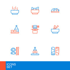 Set line Guotie, Bottle of sake, Dumpling with chopsticks, Asian noodles bowl, paper box, Fish sliced pieces and Wonton icon. Vector