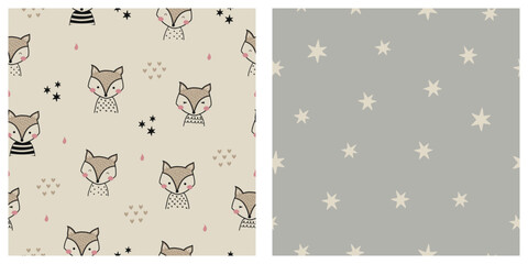 Set of seamless pattern with cute fox and stars. Kids collection. Design for print, fabric, textile, wallpaper, wrapping. Vector illustration