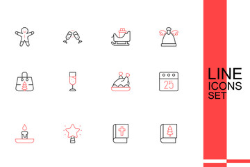 Set line Christmas book, Holy bible, star, Burning candle, day calendar, Roasted turkey or chicken, Glass of champagne and shopping bag icon. Vector