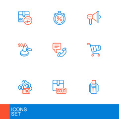 Set line POS terminal, Sold, Tax payment, Shopping cart, Auction hammer, Telephone 24 hours support, Megaphone and Stopwatch percent discount icon. Vector