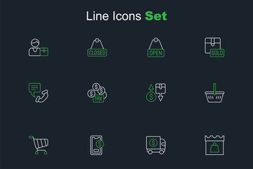 Set line Shopping day, Armored truck, Mobile with dollar, cart, basket, Tax cardboard box, payment and Telephone 24 hours support icon. Vector