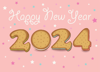 Happy New Year 2024 Cream-Filled Cookie Number. A festive illustration of a cream-filled cookie number 2024 on a pink background with stars and white cream inscription. Perfect for New Year's greeting