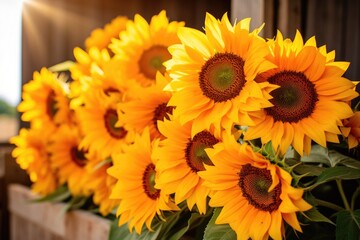 Fototapeta premium close-up of radiant sunflowers in a farm