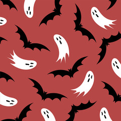 Halloween vector decorative pattern with flying bats and ghosts in red colour