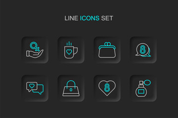Set line Perfume, Heart with 8 March, Handbag, in speech bubble, Coffee cup heart and Female gender symbol icon. Vector