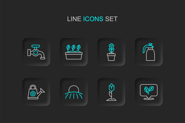 Set line Leaf, Flower tulip, Sunrise, Watering can, Garden sprayer for water, pot, Plant and tap icon. Vector
