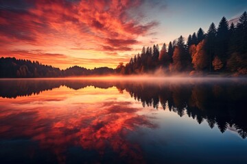 Obraz premium a reflection of an autumn sunrise on a calm lake