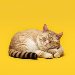 sleeping cat isolate on yellow background