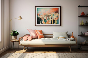 A Mid-Century Modern guest room featuring a daybed with bolster pillows, a compact writing desk with a sculptural chair, and a gallery wall showcasing a mix of abstract art and vintage travel posters