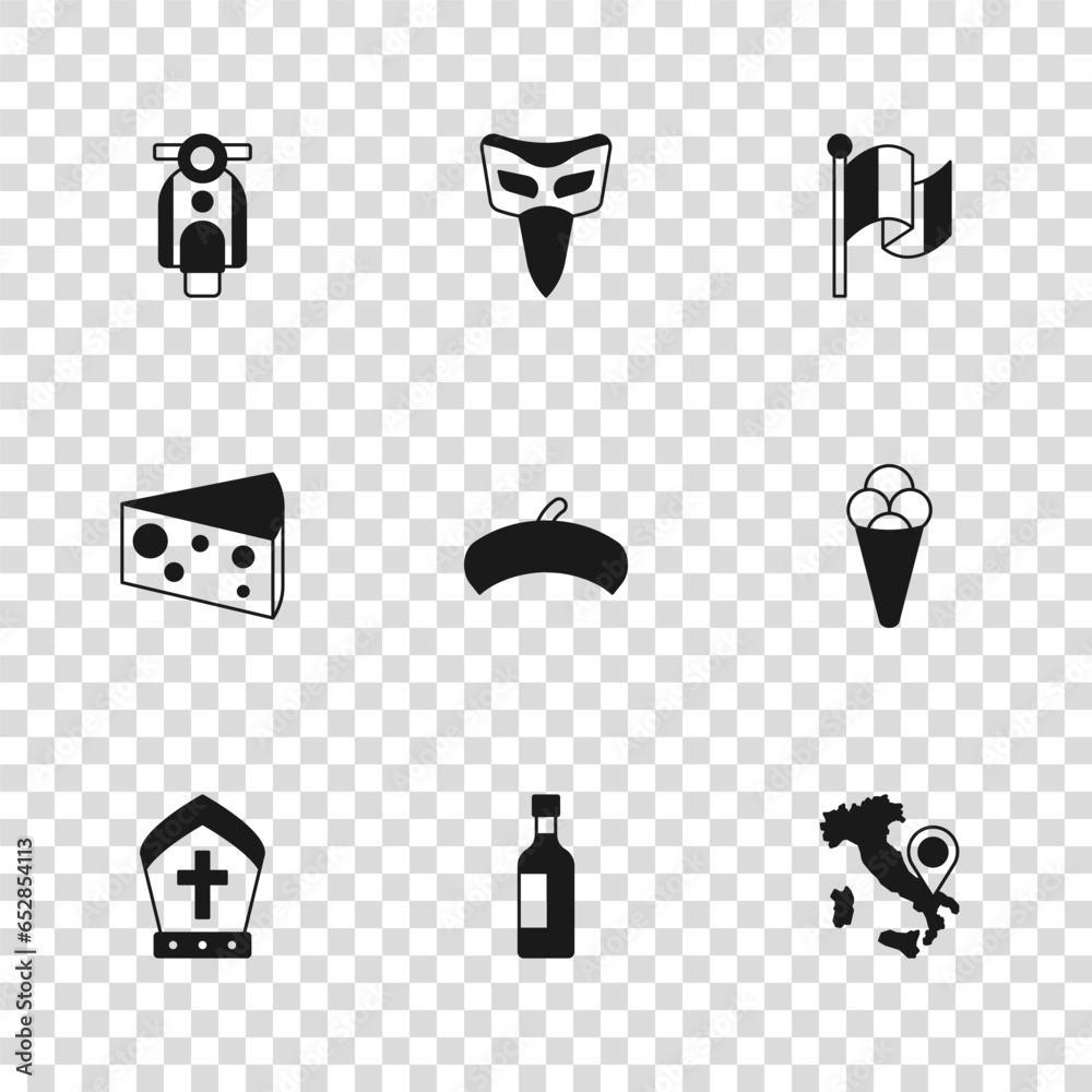 Poster Set Bottle of wine, Ice cream waffle, Map Italy, French beret, Flag, Scooter, Carnival mask and Cheese icon. Vector