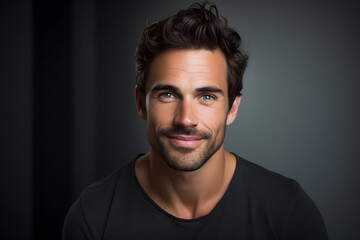 Obraz premium Portrait of a handsome guy smiling, model man looking at the camera and happiness. Created by AI generative