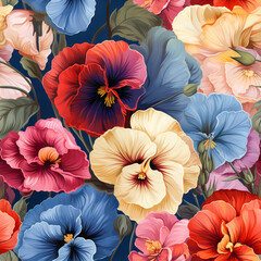 Colorful Pansy Flowers vintage style, Seamless pattern , AI generated