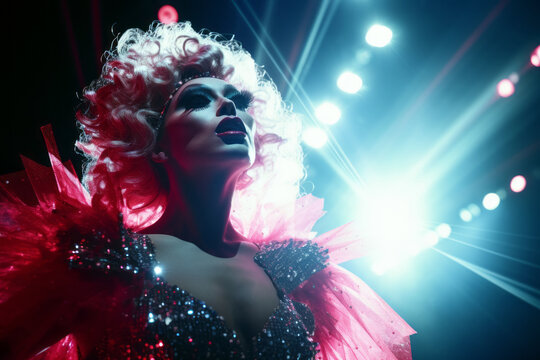 drag queen, glittering from head to toe, owning the stage with fierce elegance, on a bright lit background