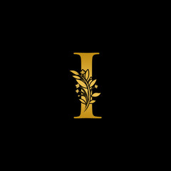 Golden floral letter I logo Icon, Luxury alphabet font initial design isolated on black background