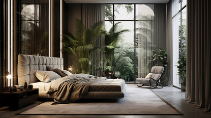 Przytulna elegancka luksusowa sypialnia w stonowanych kolorach z z roślinami domowymi