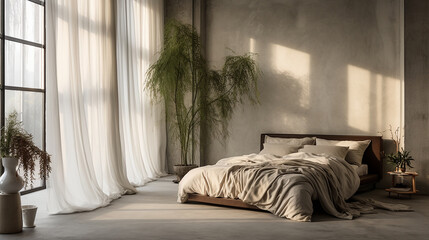 Przytulna elegancka luksusowa sypialnia w stonowanych kolorach z z roślinami domowymi