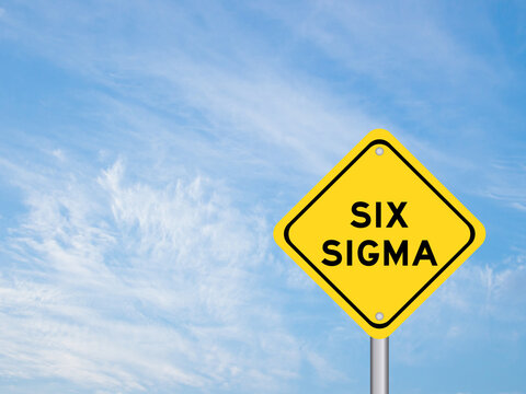 Yellow transportation sign with word six sigma on blue color sky background
