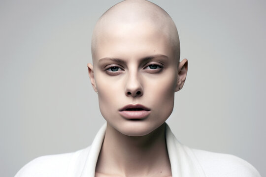 androgynous individual with a piercing gaze, painted lips and a shaved head, on a flat monochromatic gray background