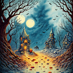 Fototapeta na wymiar Halloween landscape with moon, houses and tree