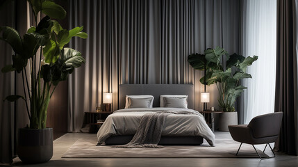 Przytulna elegancka luksusowa sypialnia w stonowanych kolorach z z roślinami domowymi - obrazy, fototapety, plakaty
