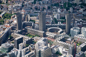 London The Barbican Aerial View Landmarks and Skyline on a Sunny Day English British United Kingdom Tourist tourism site Capital City Helicopter Drone