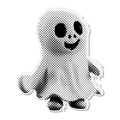 Cute White sheet ghost - Halloween halftone mixed media collage paper sticker. Dotted Vintage illustration in 90s zine Paper piece style.