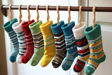 row of funky socks on a hanger, indicating the gifts of socks