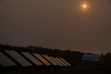 Solar panels under a morning sun in misty sky with the sun beating down on them.