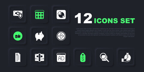 Set Magnifying glass, Money bag, Piggy bank, Price tag with dollar, Hand like, Stacks paper money cash, Online shopping screen and Advertising icon. Vector