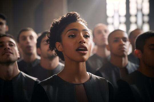 multiracial choir harmonizing together, voices blending seamlessly, on a soft church interior background