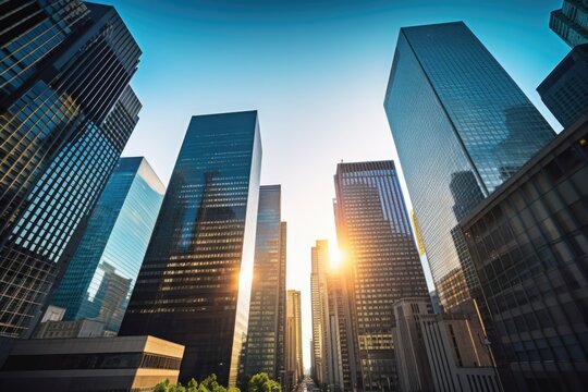 groups of corporate skyscrapers in a cityscape - Powered by Adobe