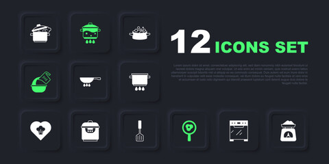 Set Oven, Scales, Frying pan on fire, Fried eggs frying, Measuring cup and bowl, Slow cooker, Cooking pot and Spatula icon. Vector